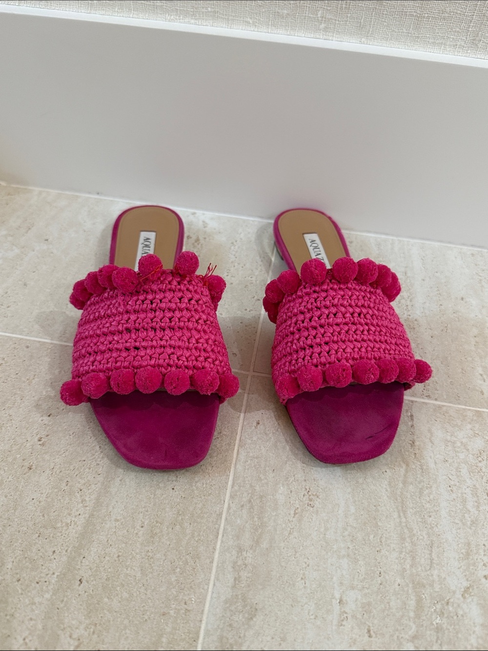 Aquazzura Fuchsia Crochet Pom Pom Slide Sandals - Women